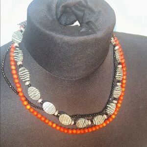 Handcrafted 925 Silver, Red Coral, Zebra Jasper & Faceted Black Bead Necklace.